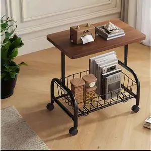 Movable double-layer coffee table trolley, side table for living room sofa, small table storage shelf, mobile bar counter, mobile coffee table