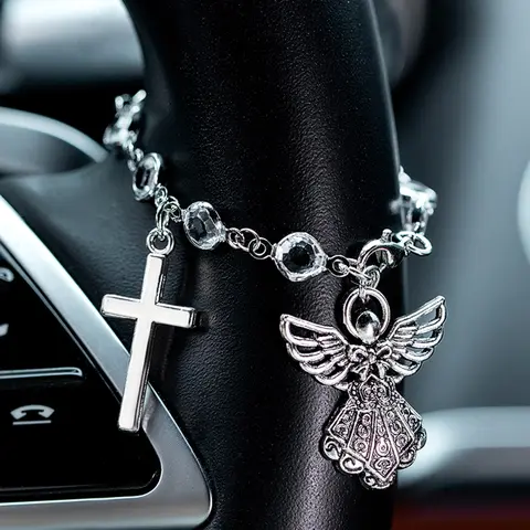 Crystal Angel Cross Car Pendant, Silver Color Rhinestone Rearview Mirror Clip, Steering Wheel Decor Chain, Elegant Automotive Accessory, Car Hanging Decoration, Car Decorations, Vehicle Decoration, Automotive Decorative Accessories
