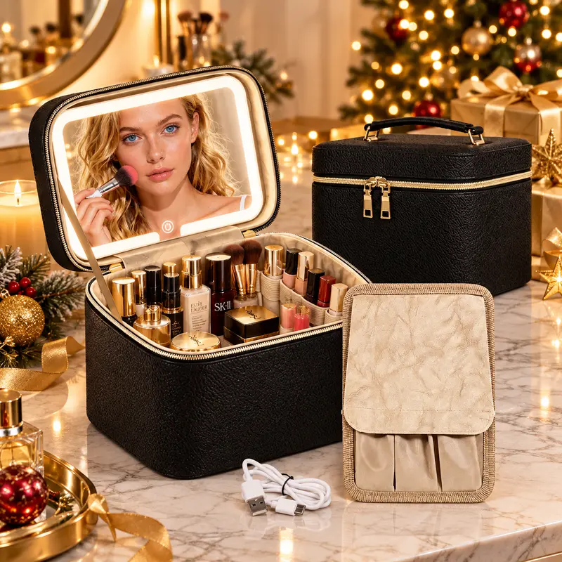 Women's Christmas Gift LED Makeup Bag - 3-Color Light 3-Tone LED Vanity Mirror, Touch-to-Adjust, USB Rechargeable, Cord-Free, Handle Strap, Waterproof, Large Capacity, Brush Slots, Anti-Leak Sponge Padding, Portable Travel Organizer