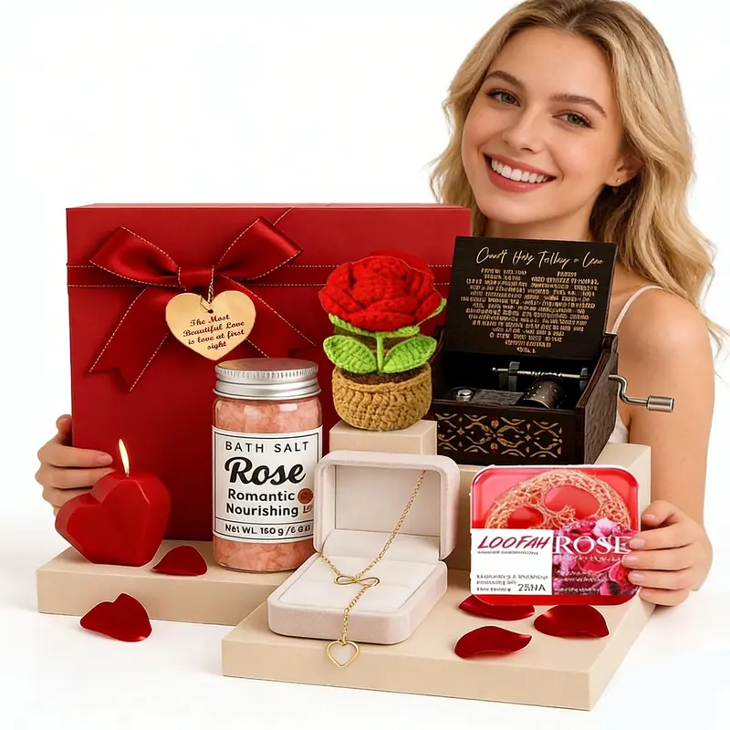 Lunaire Valentine’s & Mother’s Day Gift Set Handmade Crochet Rose with Heart Pendant Necklace for Wife Girlfriend Mom Romantic Keepsake