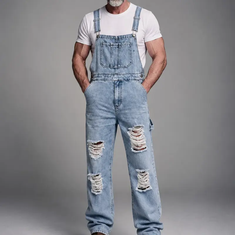 Men's Light Wash Ripped Heavy-Denim Bib Overalls - Straight Cotton Jeans Fabric, Classic Long Straps, Relaxed Fit, Distressed, Buckle-Closure Utility Jumpsuit, Multiple Pockets, Plain Weave, Below Ankle, Machine Washable for Casual Streetwear, Outdoor