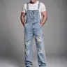 Men's Light Wash Ripped Heavy-Denim Bib Overalls - Straight Cotton Jeans Fabric, Classic Long Straps, Relaxed Fit, Distressed, Buckle-Closure Utility Jumpsuit, Multiple Pockets, Plain Weave, Below Ankle, Machine Washable for Casual Streetwear, Outdoor