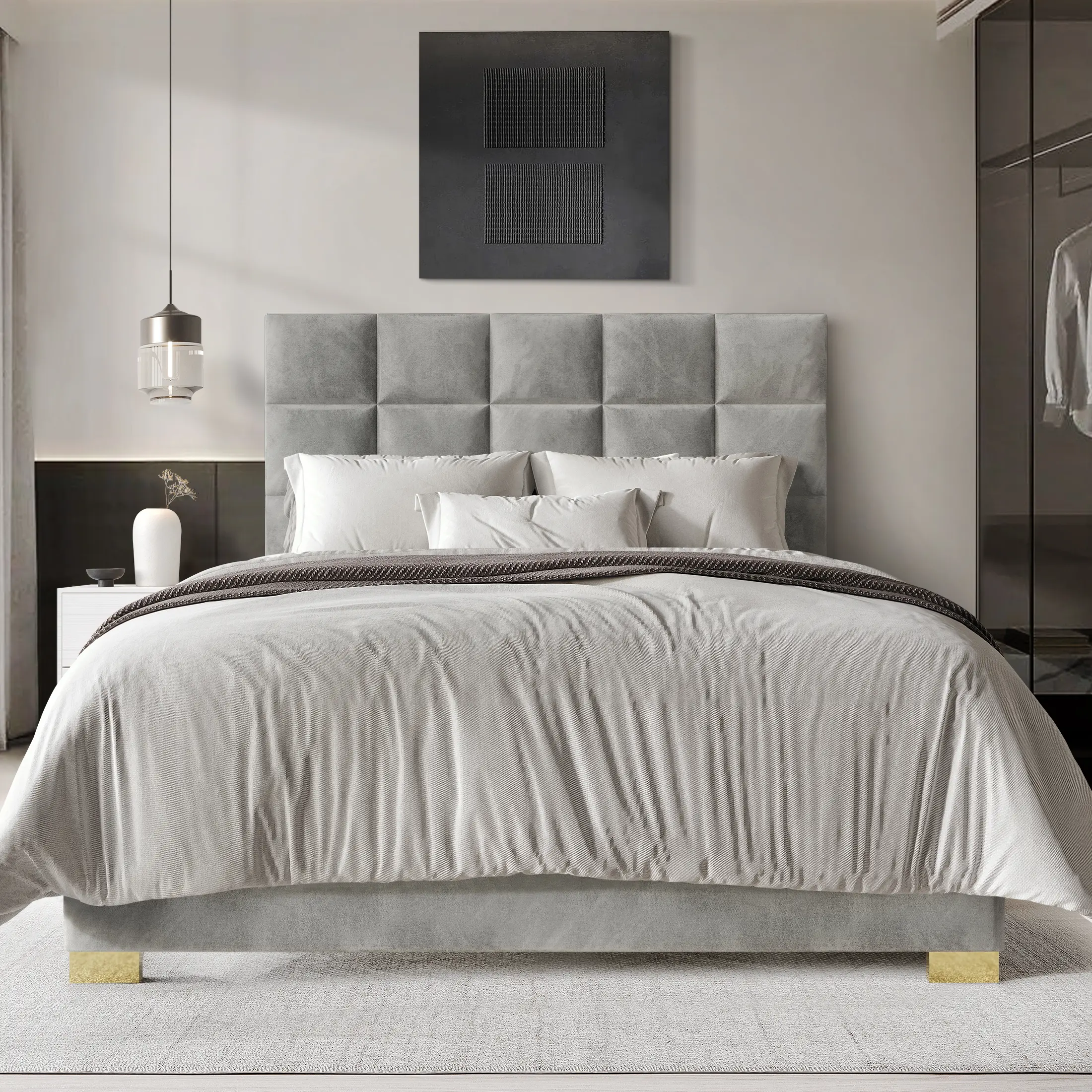 Modern Square Stitch Velvet Bed Soft Touch 100% Polyester Durable Rubberwood Construction