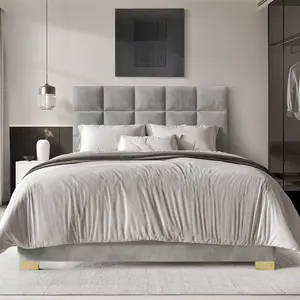 Modern Square Stitch Velvet Bed Soft Touch 100% Polyester Durable Rubberwood Construction