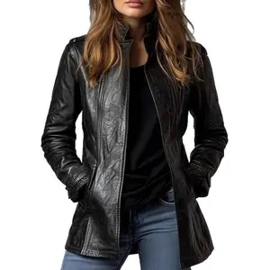Women's Leather Jacket Stand Collar Long Sleeve Vintage Trendy Gothic PU Leather Jacket Coat Womenswear Clothes Can be used with a raincoat