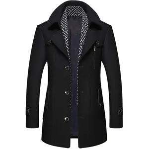 INVACHI Men's Wool Blend Coat Warm Winter Trench Coat with Detachable Soft Scarf Single Breasted Pea Coat