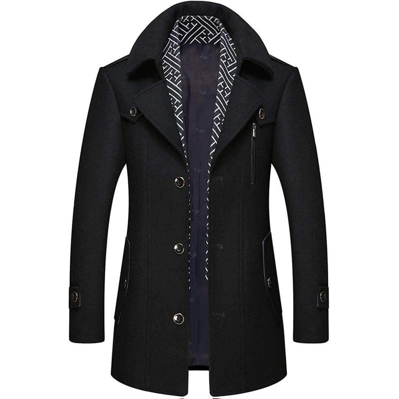 INVACHI Men's Fitted Wool Blend Slim Fit Long Sleeve Classic Plain Solid Trench Coat - Warm Winter Single-Breasted Button Pea Coat with Detachable Soft Scarf, Casual Menswear Essential for Fathers