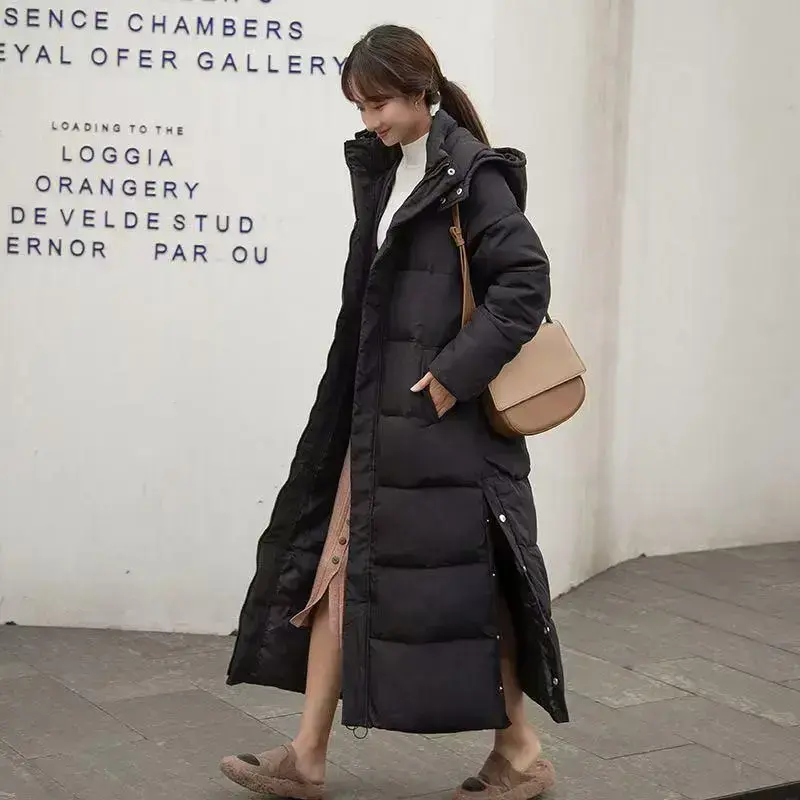 ExtraLongDoubleZipperHoodedDownCottonJacketforWomen,ThickenedandWarmWinterCoat,Waterproof