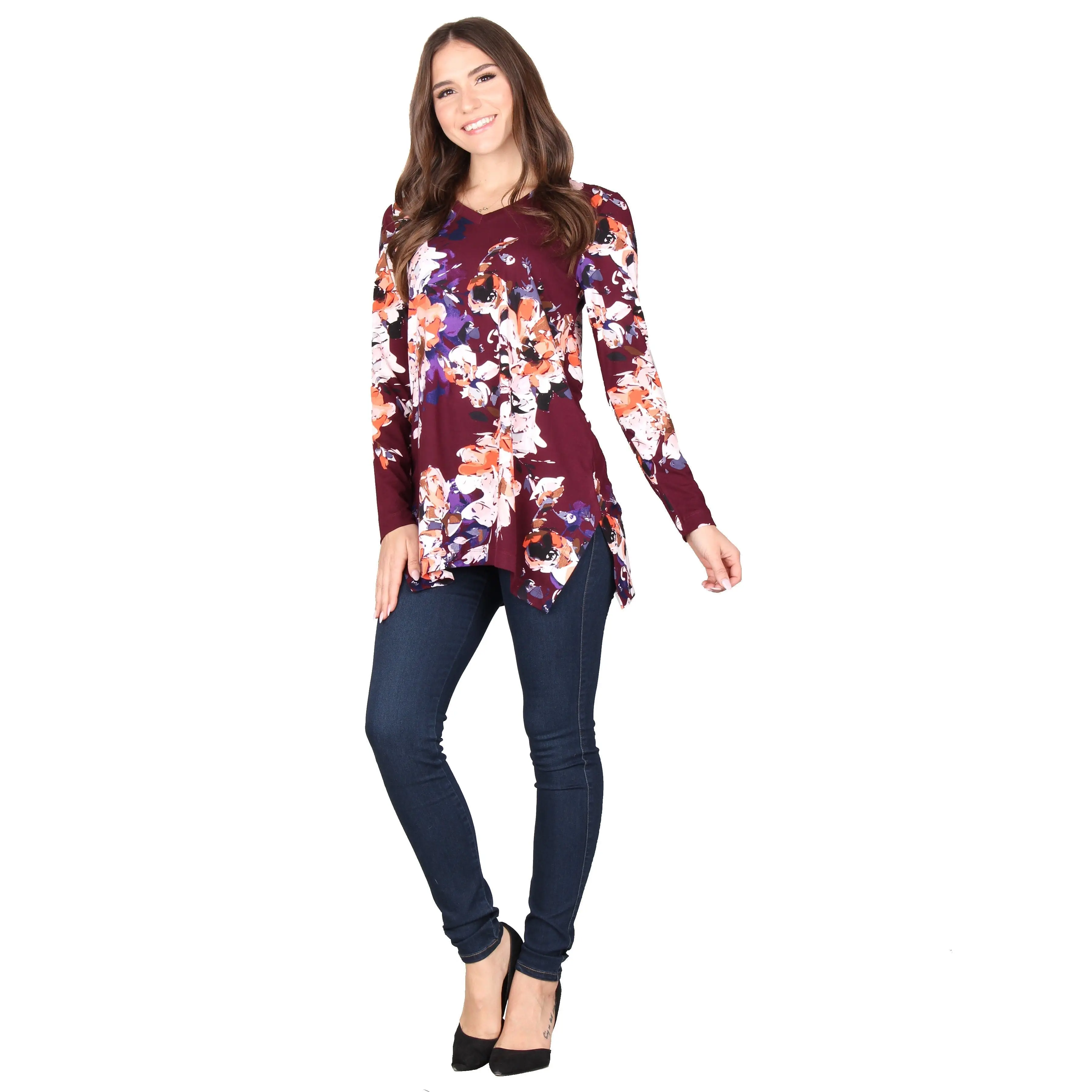 Plus Size Printed V-Neck Side Slit Tunic