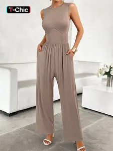 Round Neck Solid Color Sleeveless High Waist Cinched Overall Pants, Women's Casual Fashion One-Piece Jumpsuit, Comfortable and Stylish, Womenswear