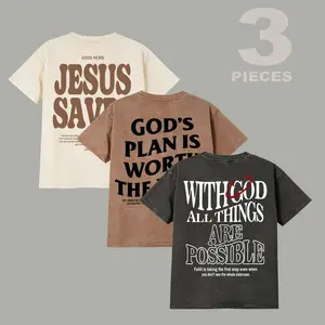 3 Pack Vintage Washed Christian Graphic T-Shirts Oversized Unisex Faith Cross God Tee Casual Streetwear Loose Fit Summer Trendy Outfit Set Menswear Top