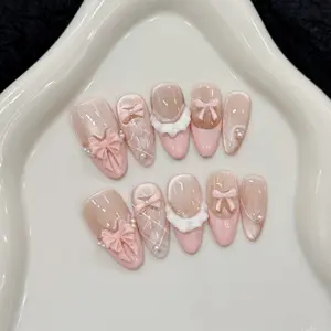 10pcs Handmade Almond Nails, Elegant False Nails, French Cat Eye Bow Clear Wearable Nails, Perfect for Women