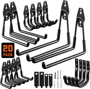 Garage Hooks, 20-Pack Steel Garage Accessories for Organization and Storage, Heavy Wall Mount Duty Hooks with Anti-Slip Coating for Hanging Ladder, Bike, Power Tools and More Tools, Black Organiser