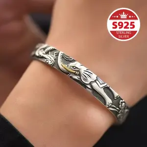 S925 Pure Silvery Auspicious Elephant Men'S And Women'S Bracelets, Vintage Auspicious Clouds, Vintage Small Elephant Bracelets, Open Bracelets, Temperament, Men'S Bracelets, Women'S Jewelry, Carnival, Mother'S Day, Perfect Gift for Friends
