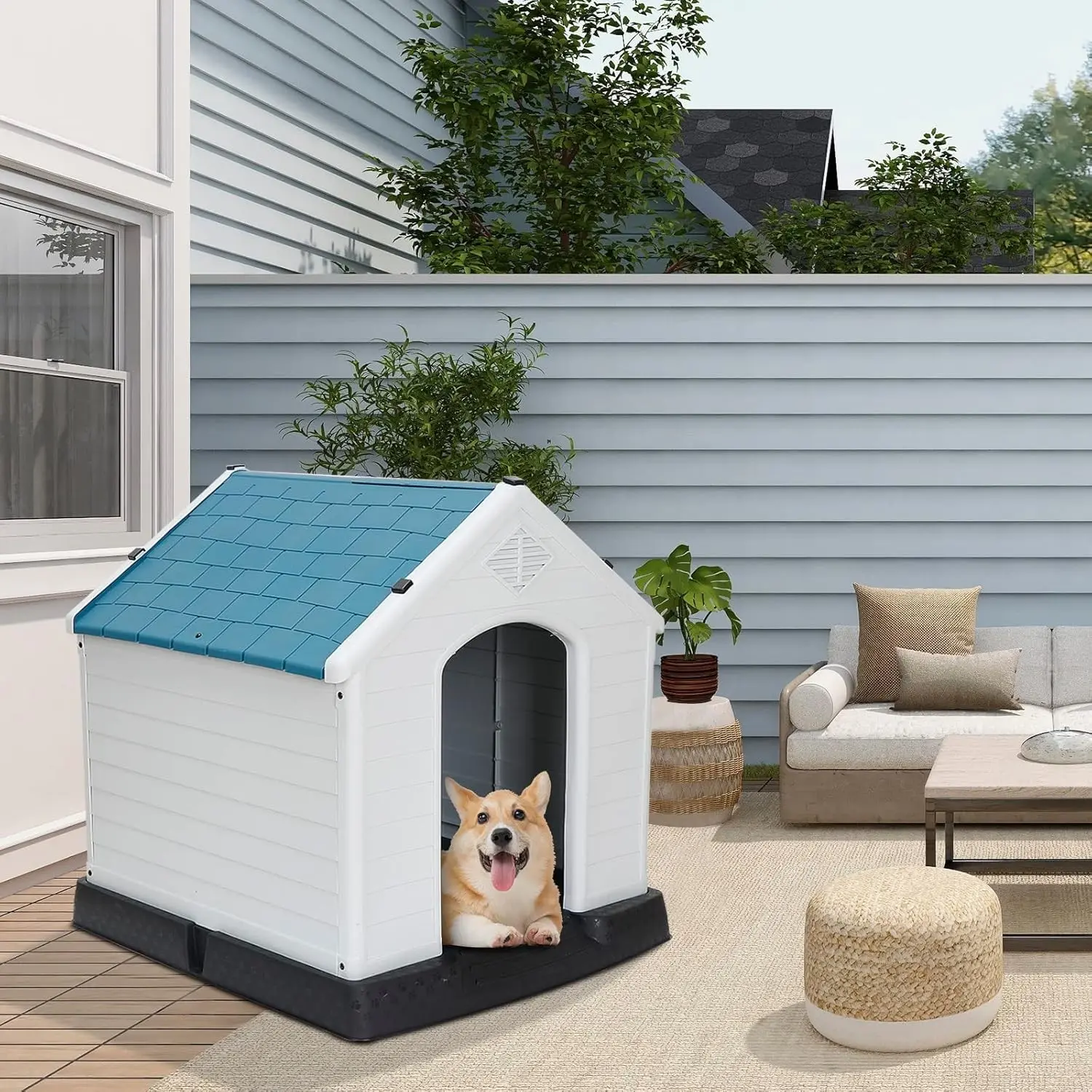 Large Plastic Dog House, Dog Kennel Outdoor Waterproof Doghouse Pet Dog Kennel, Indoor Puppy Shelter w Elevated Floor and Air Vents, Dog Igloo for Small Medium Large Dogs (Blue, 32" H)