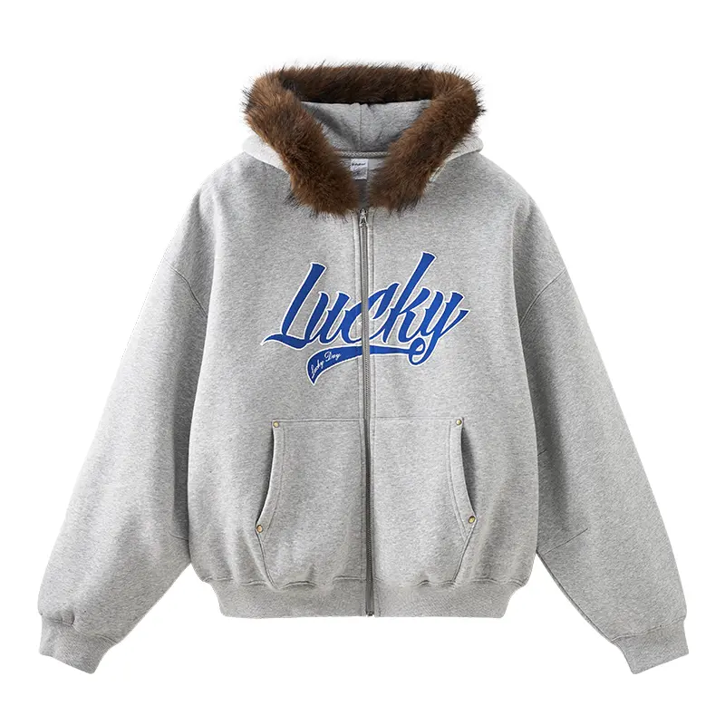 Inflation unisex Cropped Boxy zip up hoodie faux fur collar