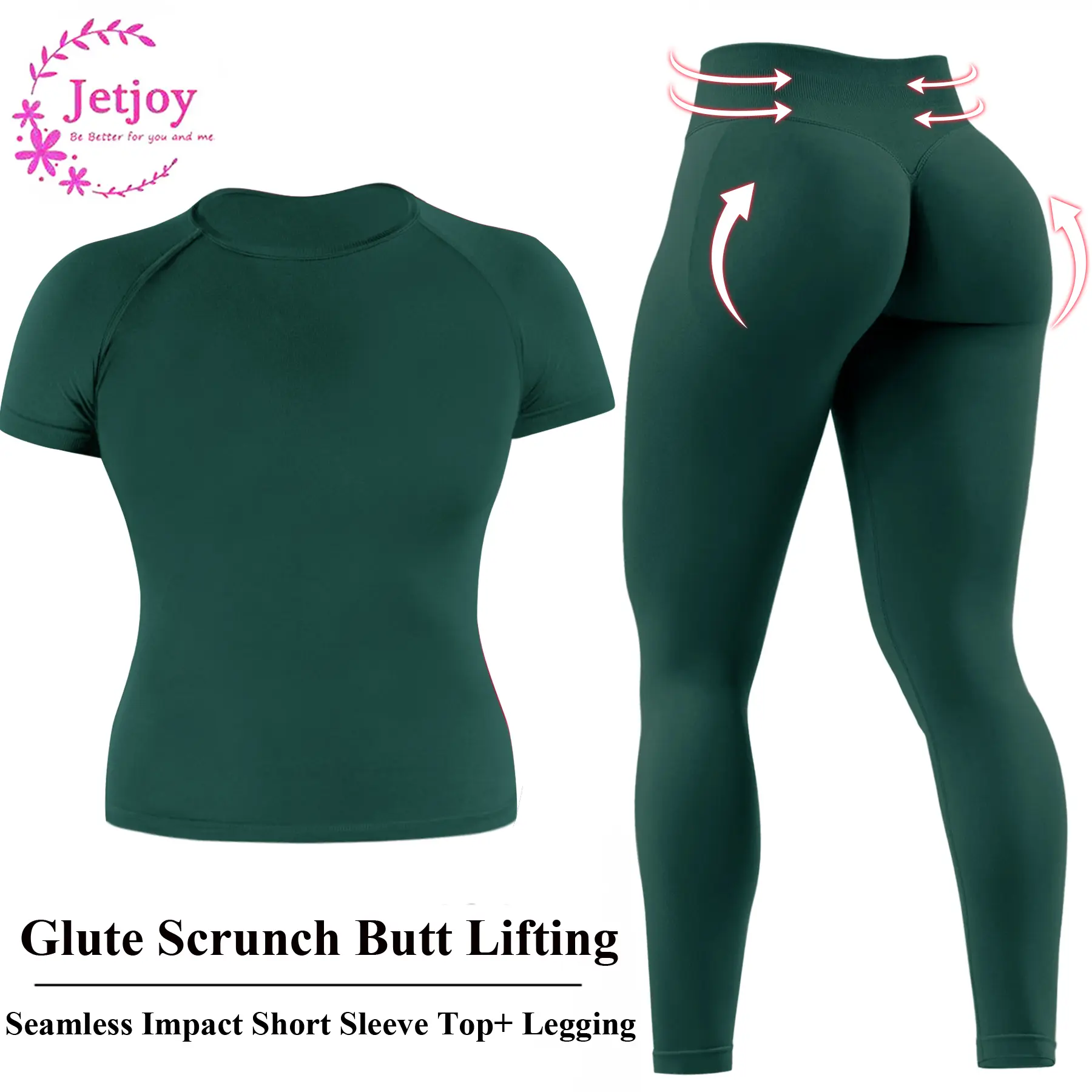 Jetjoy Women's 2-Piece Workout Set - Seamless Quick Dry Active Short Sleeve Top & Tummy Control Scrunch Butt Lifting Leggings, Dry Fit Active