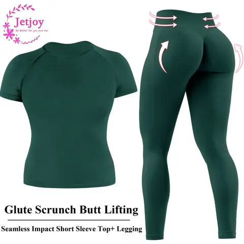 Jetjoy Women's 2-Piece Seamless Ribbed Athletic Sports Set - Short Sleeve Top, Tummy-Hug Band Leggings with Scrunch Butt Lifting & Tummy Control, Contoured Dry Fit, All Seasons Athletic Sports Clothing, Workout Sets Women, Casual Workout Loungewear