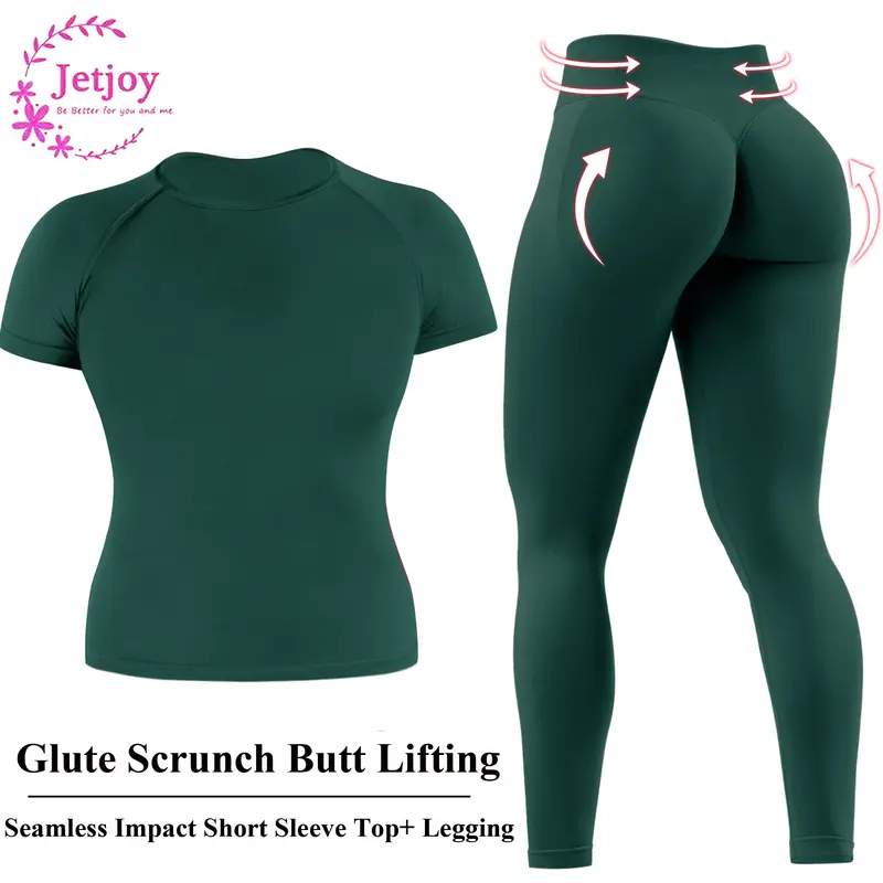 Jetjoy Women's 2-Piece Seamless Ribbed Athletic Sports Set - Short Sleeve Top, Tummy-Hug Band Leggings with Scrunch Butt Lifting & Tummy Control, Contoured Dry Fit, All Seasons Athletic Sports Clothing, Workout Sets Women, Casual Workout Loungewear