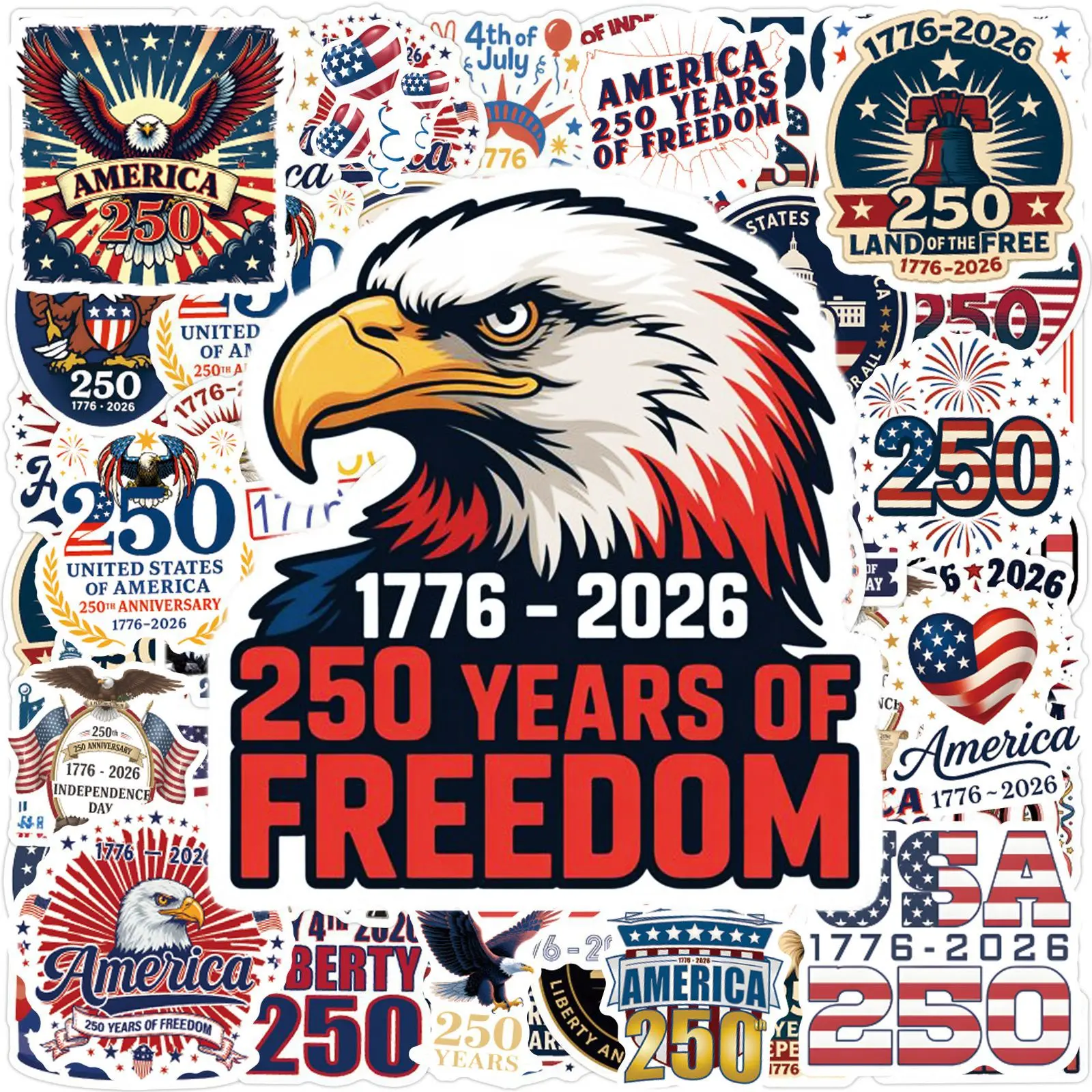 55 Pcs America 250th Anniversary Stickers for Water Bottles & Skateboards