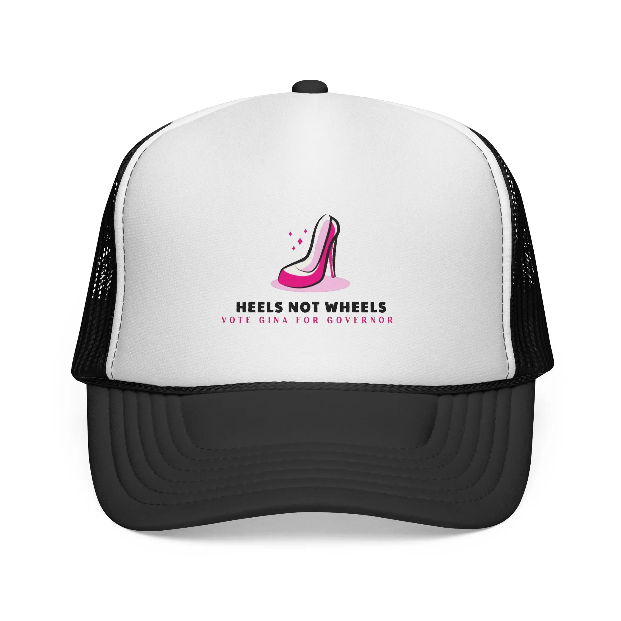 Heels Not Wheels trucker cap | Pink High Heel Feminist Statement
