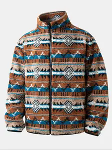 Men's Ethnic Style Plush Print Zipper Jacket, Warm Mid-High Neck Coat for Fall & Winter, Casual Fashion Outerwear