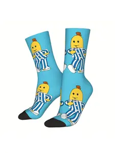 BIIHUDU Vintage Cartoon Banana Character Socks - Full-Body Print, Striped Clothing Design, Breathable Polyester, Hand Wash/Dr