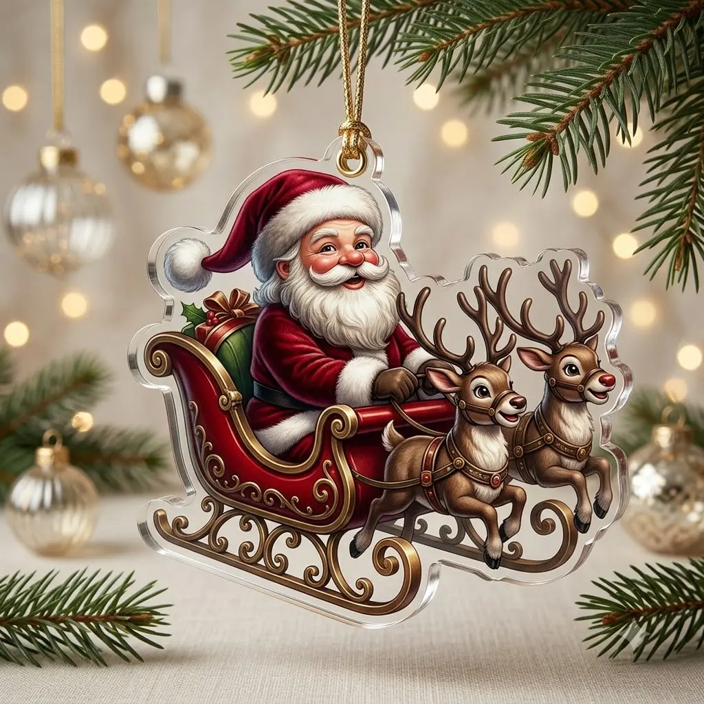 Vintage Santa Sleigh Reindeer Ornament, Acrylic Christmas Tree Decor, Retro Holiday Flying Sleigh Keepsake, Traditional Xmas Gift