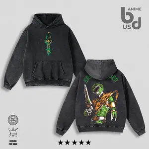 Hoodie Vintage Green Ranger | Rangers Power TV 90s Hoodie Washed – Cool Anime Oversize Unisex Cotton, Double Printed Anime Outfit, Anime Graphics Tee, Anime Merch, Menswear, Gift For Anime Fan