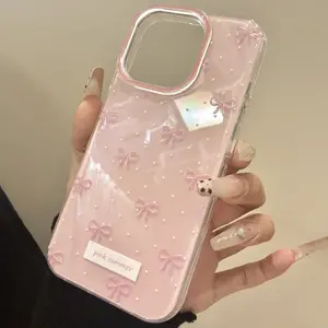 Cute Wave Point Pink Bow Glossy Jelly Phone Case For iPhone 17 16 15 14 13 12 11 Pro Max Cases Creative Shockproof Bumper Cover