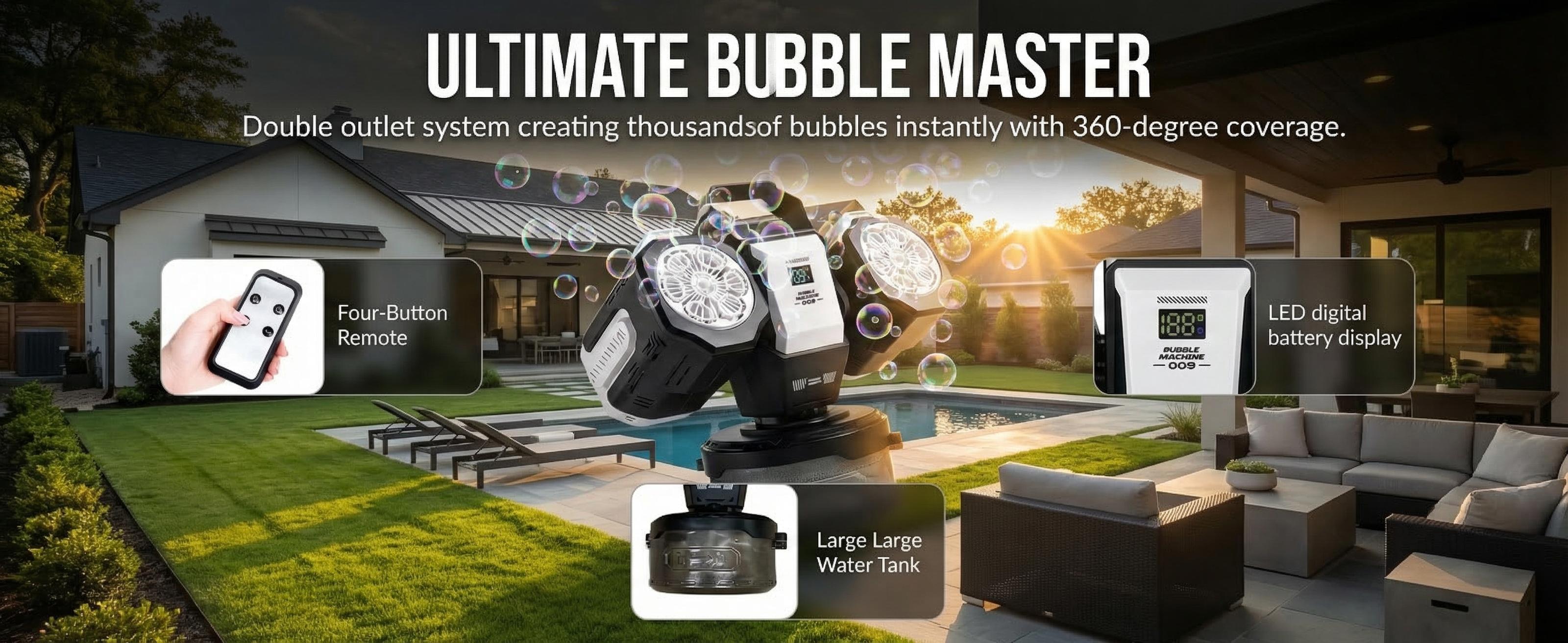 Dual-Head Handheld Party Bubble Maker for 8+ Years, Wireless Remote Control, 3.7V Rechargeable Lithium-Ion Battery, RGB Lighting, 360° Auto Rotation, 30000 Bubbles/Min, Wedding & Outdoor Play, Handheld Bubble Maker