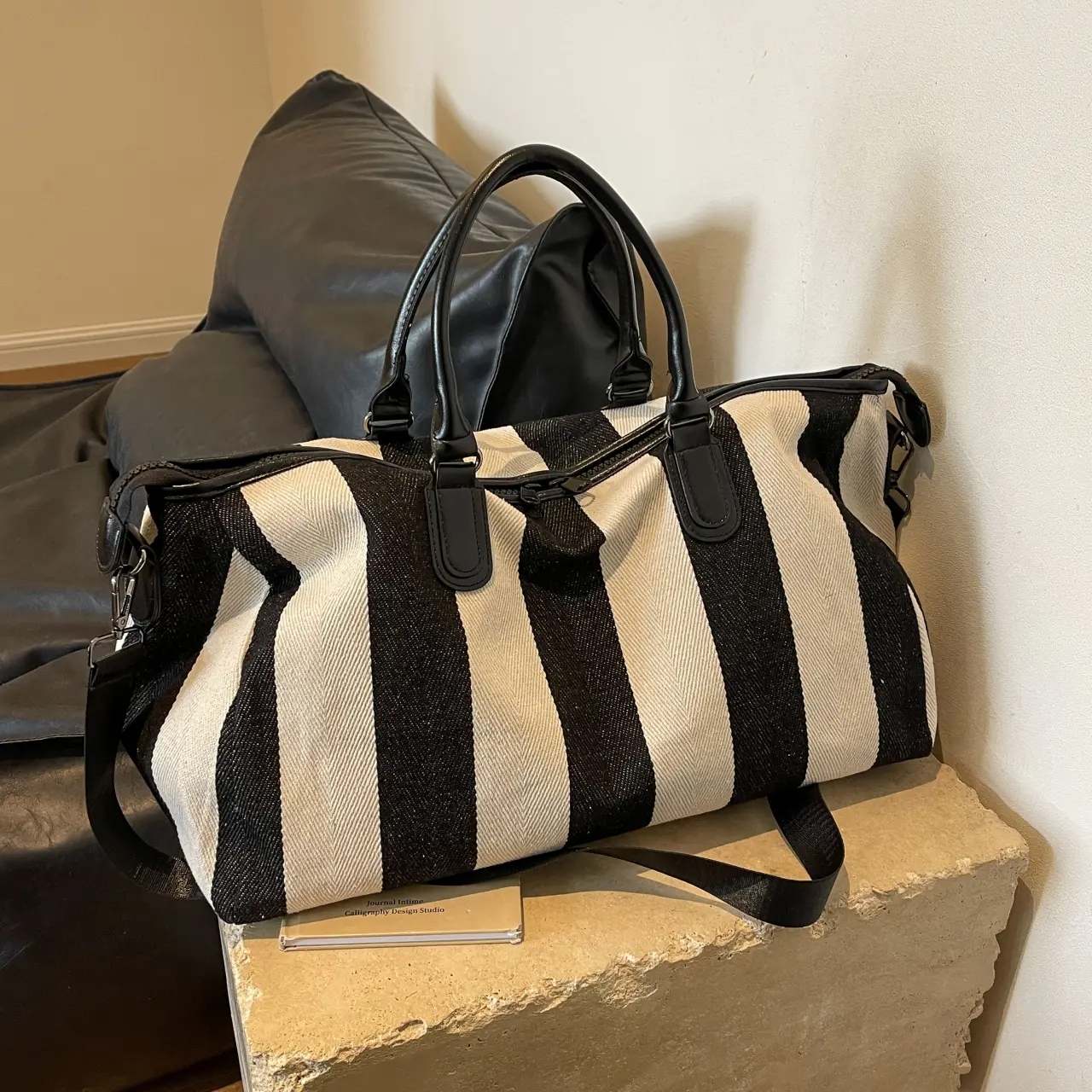 Striped Canvas Tote Bag for Women, Casual Style Crossbody with Leather Accents, Large Capacity for Travel and Daily Use, Everyday Bag