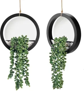 2 Pack Fake Plants Hanging Artificial Succulents in Black Round Pots for Living Room Bathroom Kitchen Decorative Faux Leaf Ornaments