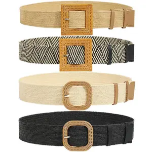 AWAYTR Fashion Elegant Women Elastic Belt Round Buckle Vintage Boho Straw Woven Belt Dress Belt TikTokShopBlackFriday