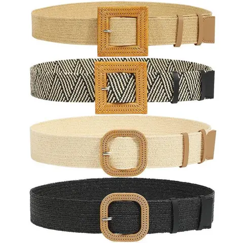 AWAYTR Women's Elegant Stretchy Braided Belt - Round Wooden Buckle, Vintage Boho Straw Woven, 1.96 in/5 cm Braid Detail, Lightweight Durable, 43 in/110 cm, Plastic Accent, for Adults, Beach Outfits, Girlfriend Gift (TikTokShop Black Friday)