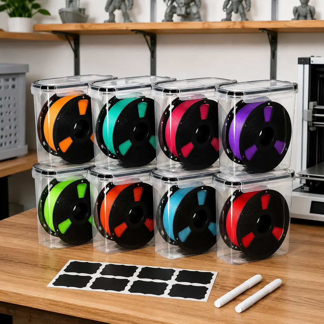 8 Pack 3D Printer Filament Storage Boxes for 1KG Spools, Airtight Dustproof Stackable Organizer with 8 Labels & Marker