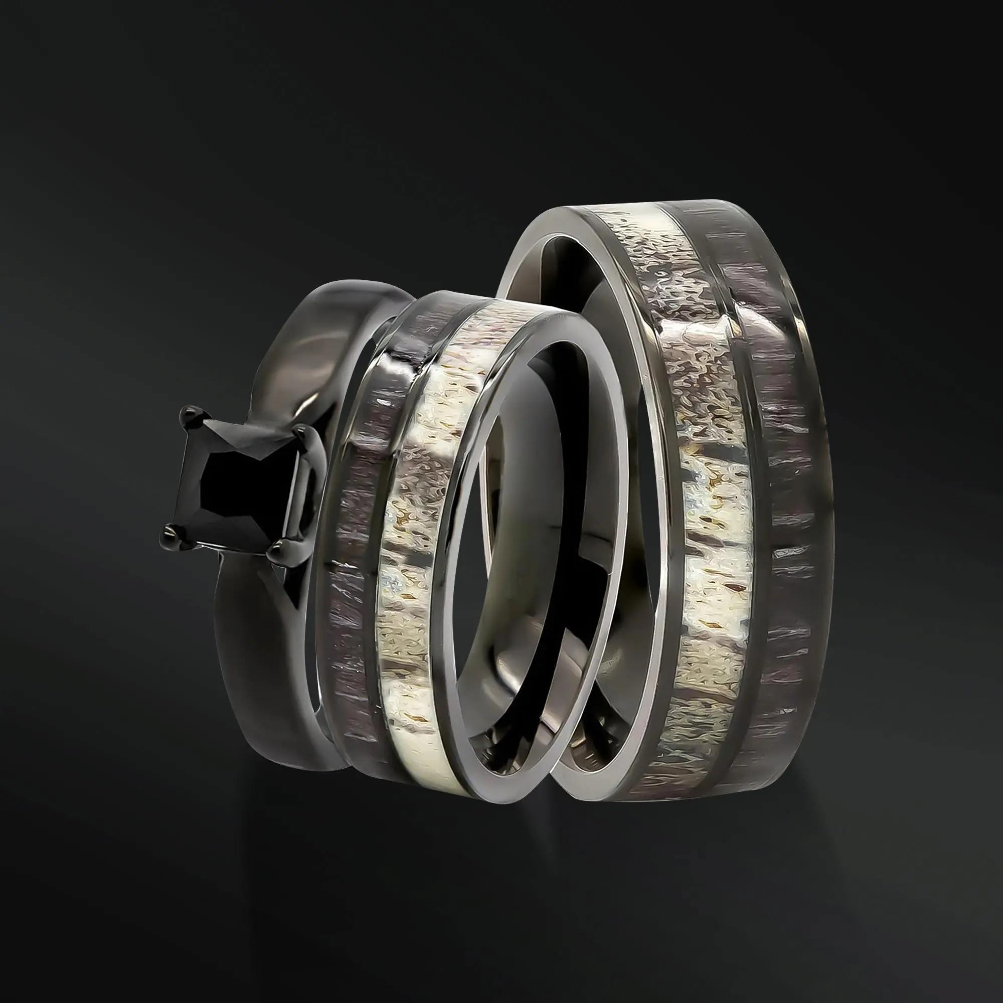 His & Her Deer Antler & Black Koa Wood Wedding Ring Set
