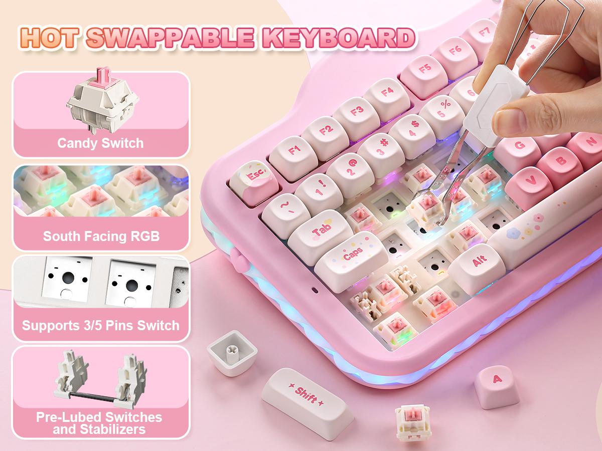 YUNZII C98 Wireless Mechanical Keyboard, 99-Key with Number Pad, BT5.0/2.4G/USB-C Hot Swap Gasket Mount with PBT MOA Keycaps, Custom RGB, Cute Cake Keyboard for Win/Mac