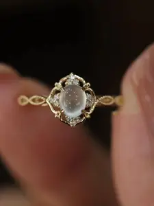 Luxury Cat's Eye Open Ring for Women, 14K Gold Plated with Sparkling CZ Accents, Vintage Floral Filigree Band, Adjustable for All Sizes, Minimalist High-End Statement Jewelry, Vintage Rings Jewelry