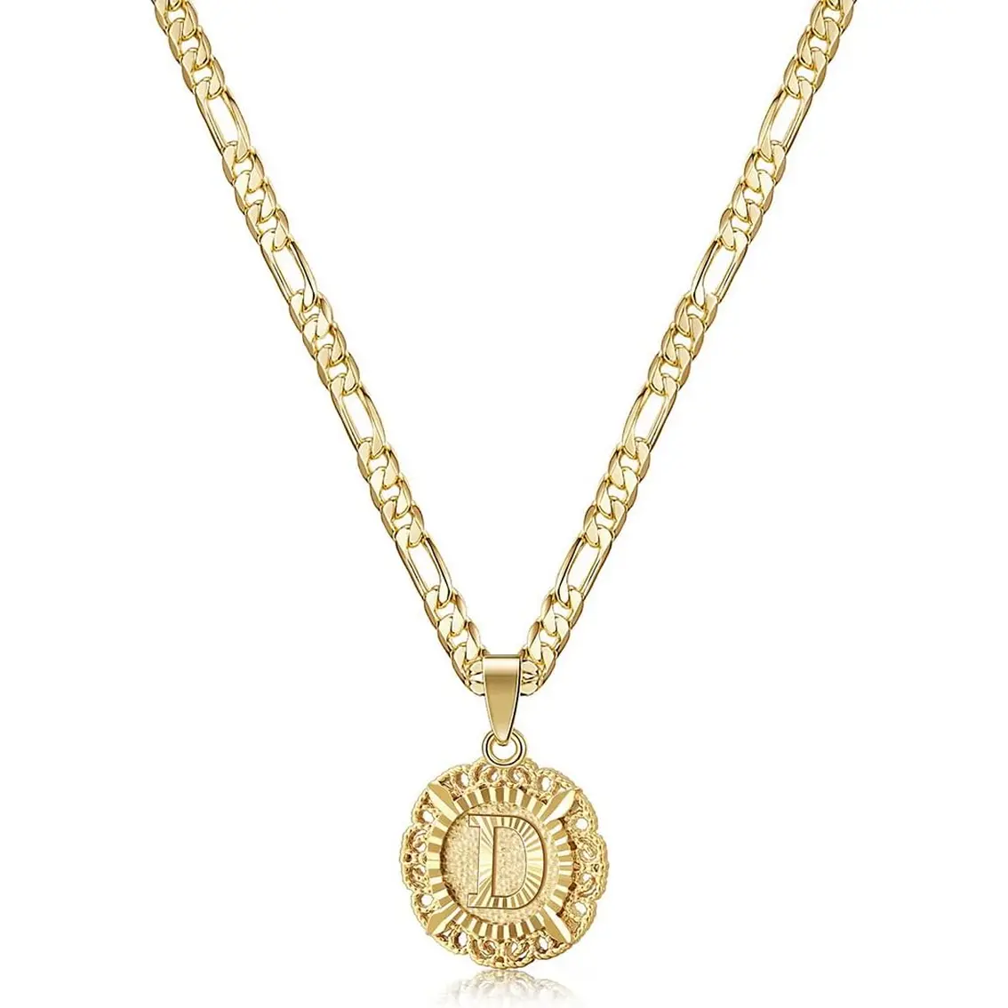 Kissyan Initial Necklace for Women,14K Gold Plated round Letter Pendant Necklace Capital Monogram Necklace Alphabets from A-Z Figaro Chain Necklace KissYan
