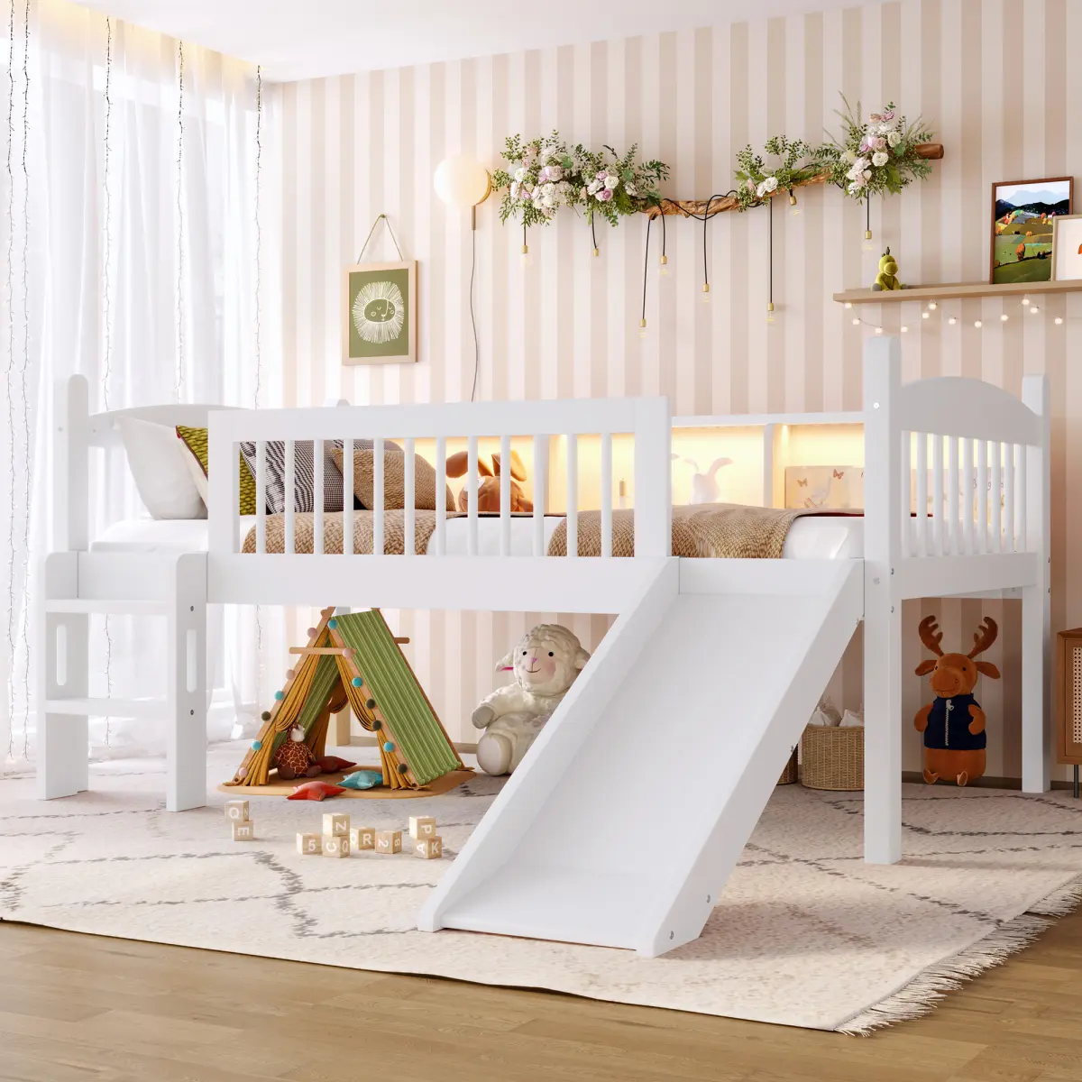 Twin Loft Bed - Solid Wood, 350 lbs Weight Capacity, 77.76" L x 74.41" W x 37" H, Integrated LED Lights, Storage Shelves, Full-Length Guardrails, No Box Spring Needed, White Space-Saving Design, Assembly Required, Led Lighting, Secure, Light White + Mdf +