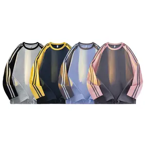 Striped Patchwork Color-Block Plus Size Long Sleeve T-Shirt for Men, Round Neck, Casual, Youth, New Autumn American Style Loose Top, 4-Pack