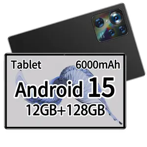 Android 15 tablet, 10.1-inch tablet, 12GB RAM, 128GB ROM, expandable up to 1TB storage, 6000mAh battery, 1280×800 HD touchscreen, Wi‑Fi 5, dual cameras (5MP + 13MP), includes earphones, stand, protective case, and stylus pen