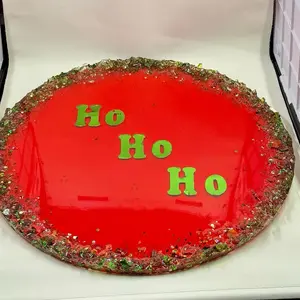 Holiday Serving Platter with Glitter Accents & Epoxy Resin Chip Edging - Multi Functional Decorative Tray - Red Color with "Ho Ho Ho" Design