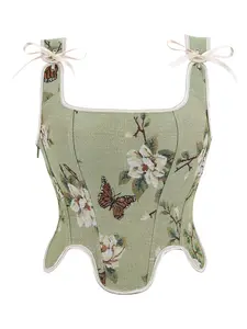 New French Vintage Style Body Shaper Corset, Monet Oil Painting Chrysanthemum Embroidery Rib Bone Shoulder Straps, Slimming Underwear