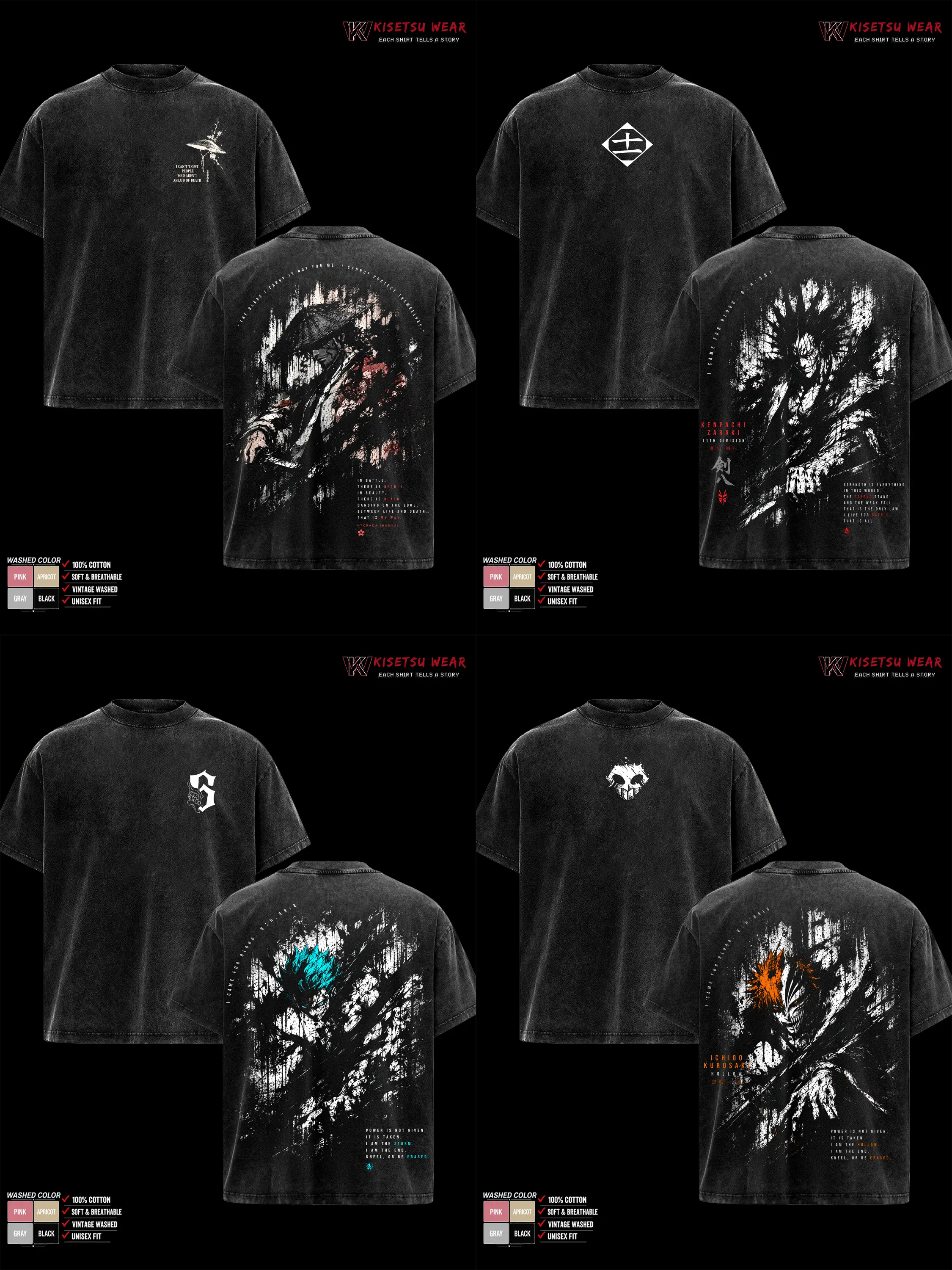 Men's Bleach 1000 Year Blood War Graphic T-Shirt - Ichigo Kurosaki, Kenpachi Zaraki, Shunsui Kyoraku, Ulquiorra, Grimmjow, Rukia Designs - TYBW The Calamity Anime Shirt, Vintage Washed Oversized Short-Sleeve Soft Cotton Streetwear Gift for Fans