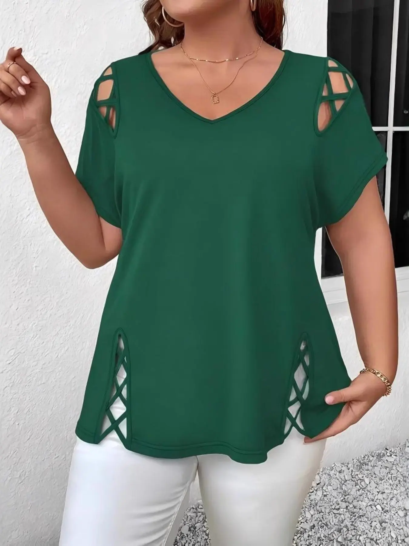 Plus Size Short Sleeve T-Shirt, Fashionable Women's Off-Shoulder Cross Top, Casual Summer Wear, Comfortable and Stylish Fit