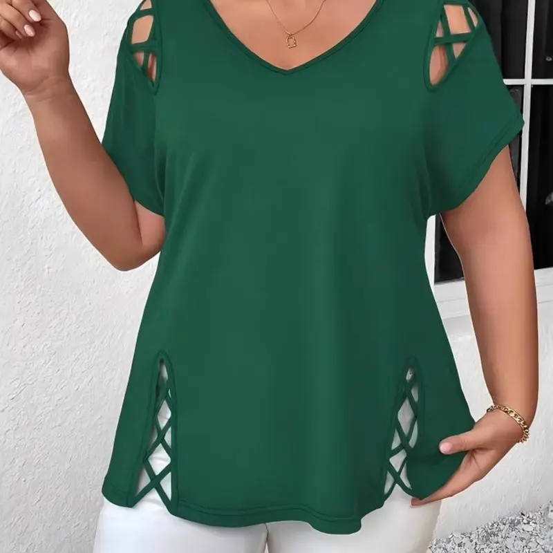 Plus Size Short Sleeve T-Shirt, Fashionable Women's Off-Shoulder Cross Top, Casual Summer Wear, Casual Everyday Tops, Comfortable and Stylish