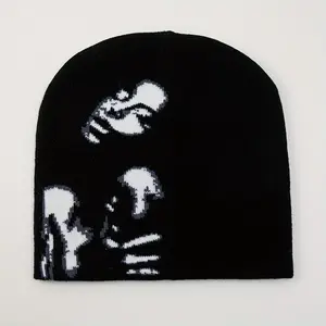 Women's Knitted Jacquard Beanie, Casual Stylish Black White Skull Cap, Daily Wear Headwear