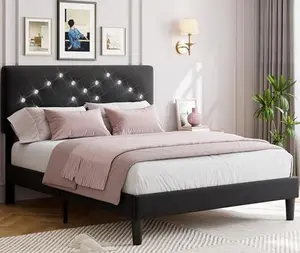 Full Size Bed Frame with Headboard,Upholstered Platform Bed Frames Full Size with Crystal Diamond Tufted for Girls/Kids Easy Assembly,Wooden Slats Support,No Box Spring Needed,Black